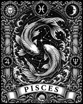 Celestial Pisces Twin Fish Ornate Astrology Illustration