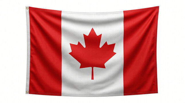 Canadian flag shows a vibrant red maple leaf emblem centered on fabric with a plain white studio background.