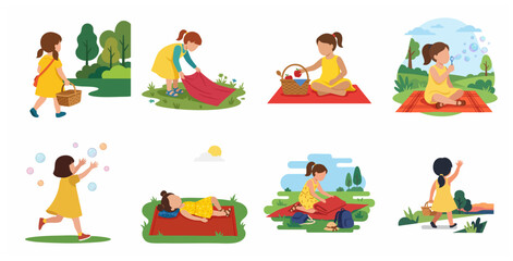 Fototapeta premium Set of Vector Illustrations of a Cute Little Girl Enjoying Various Picnic Activities in a Sunny Park, from Packing to Playing and Relaxing.
