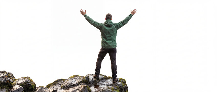 Hiker standing on cliff with arms raised in victory, wearing green outdoor jacket on mossy rock isolated on white background for travel advertising and lifestyle collages