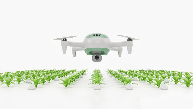 Drone flying over organized rows of small green plants in hydroponic cultivation system