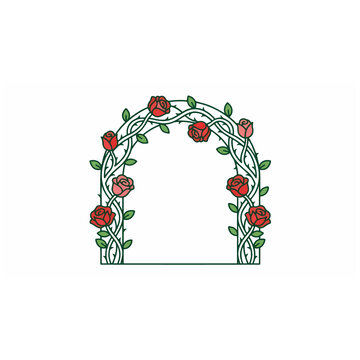 Elegant rose arch illustration, a beautiful floral garden gate design. Decorative botanical archway with red roses and green leaves, perfect for wedding invitations or romantic designs.