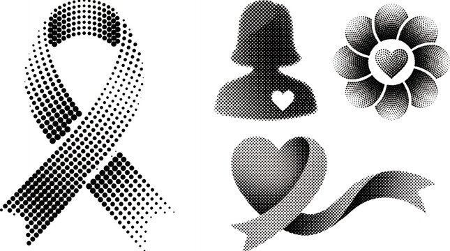 Halftone breast cancer awareness icons with ribbon heart and female silhouette graphics.