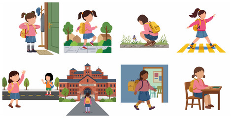 Fototapeta premium Flat vector illustration set of a young girl's daily routine and journey to primary school