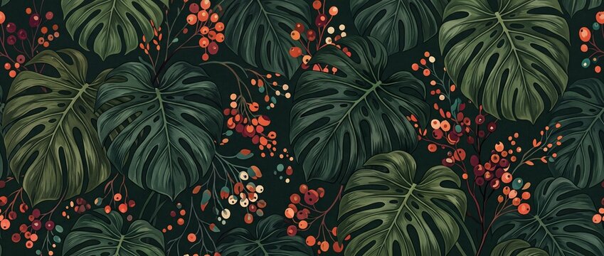 Dark seamless tropical pattern with lush monstera leaves and vibrant orange red berries creates a rich, opulent background for various designs.
