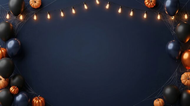 Halloween dark blue background with festive balloons string lights and small pumpkins