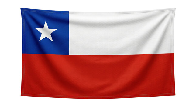 Chile flag made of cloth material hangs isolated against a white background for patriotic symbol themes.