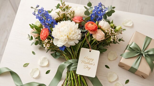 Beautiful Mother's Day bouquet with flowers and gift wrapped box