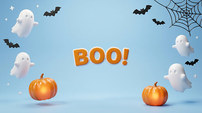 Halloween boo text with cute ghosts pumpkins bats and spider web on a light blue background