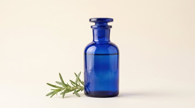 Cobalt blue glass bottle with rosemary sprig on beige background