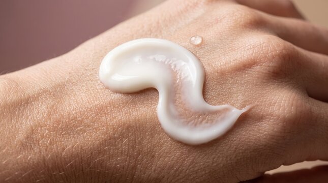 Hand applying white cream moisturizer on skin
