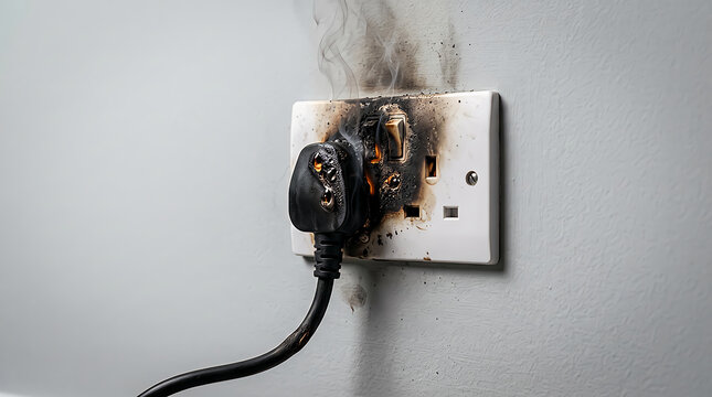 Burnt electrical wall socket with a smoking melted plug causing a fire hazard risk