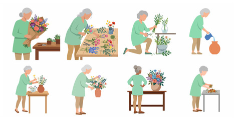 Naklejka premium Senior woman florist character set engaged in flower arrangement and gardening activities