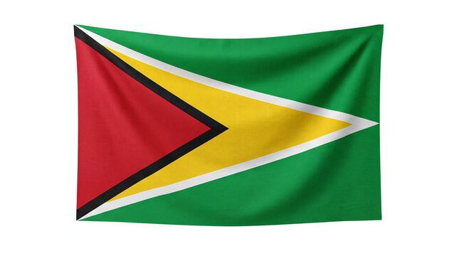 Guyana flag made of fabric hangs isolated against a plain white background for national identity themes.