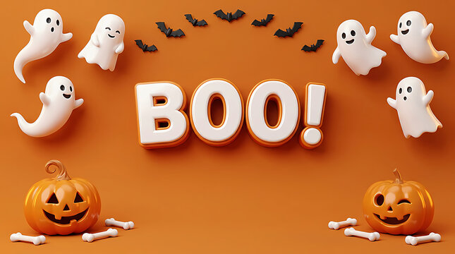 Cute ghosts and smiling pumpkins with boo text on an orange halloween background