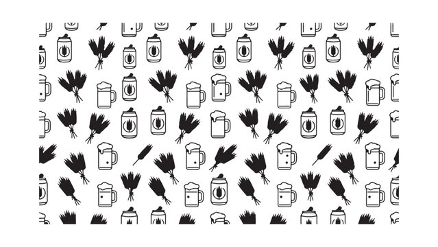 Seamless pattern of beer mugs, cans, and wheat stalks. Black and white vector background with brewing ingredients and drinks.