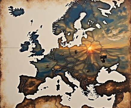 Artistic Map of Europe with a Sunrise Effect and Weathered Texture for Travel and Geography Themes