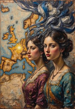 Artistic Portrait of Two Women with Flowing Hair in Front of a Vintage Map