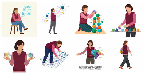Fototapeta premium Female data scientist working on machine learning models, neural networks, and AI optimization illustrations.