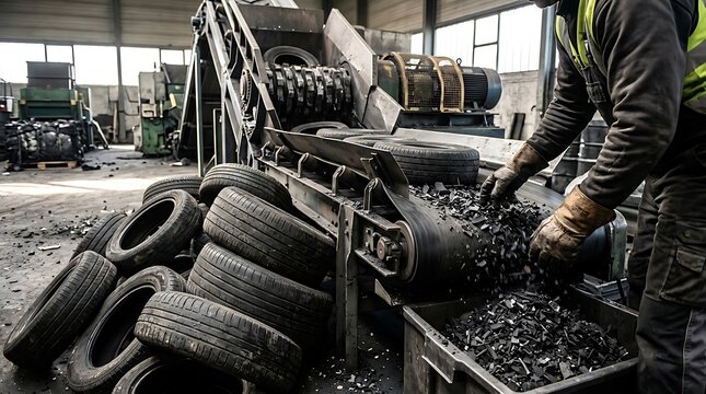 Used tires are piled next to an industrial conveyor belt machine inside a recycling facility with a worker handling rubber debris.