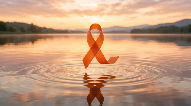 Orange awareness ribbon over calm lake water at sunset, leukemia and kidney cancer support symbol, hope and healing concept
