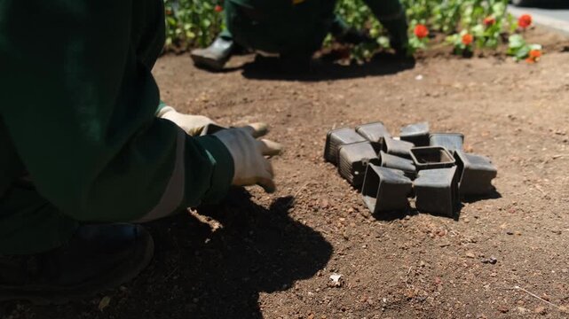 Municipal landscaping crew works on seasonal flower planting in city flower beds, while a gardener stacks empty nursery pots. Urban greening, horticulture and municipal garden work