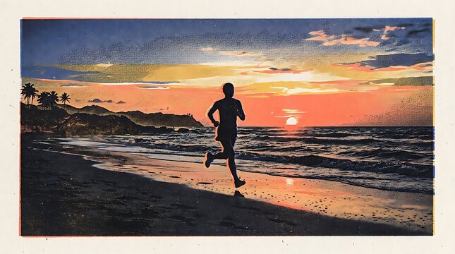 Silhouette of man running on tropical beach at sunset
