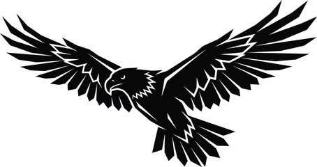 Fototapeta premium Majestic eagle vector illustration, soaring bald eagle mascot with spread wings, black bird of prey silhouette for sports logo design