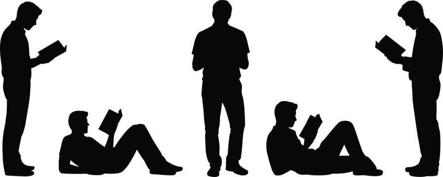 Black silhouettes of men reading books in various positions, including standing and lying down, isolated on a white background, for educational or, library concepts