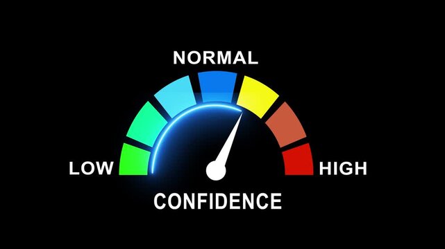 Animated confidence meter gauge indicating levels from low and normal to performance with glowing neon indicator needle and colorful semicircle segments on black background