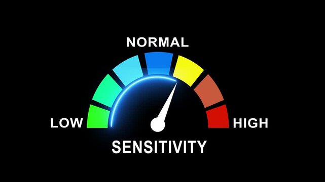Dynamic sensitivity meter indicator gauge with glowing neon glow interface showing levels from low to normal and on black background, for technical data, monitoring and system, analysis visuals