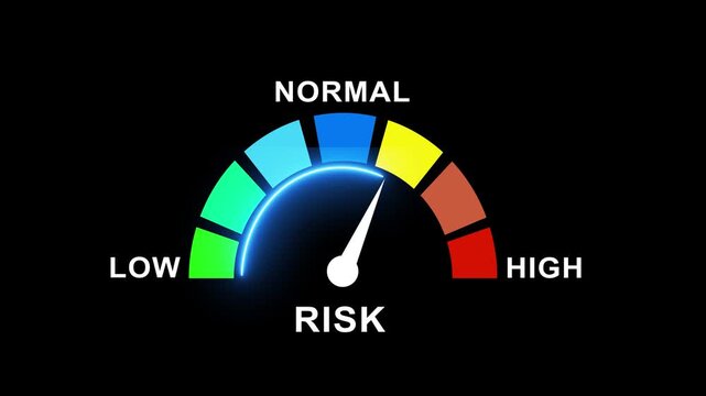 Dynamic risk level gauge meter animation with neon glow indicator moving from low to normal and hazard status levels on clean black background, for financial and, corporate security analysis