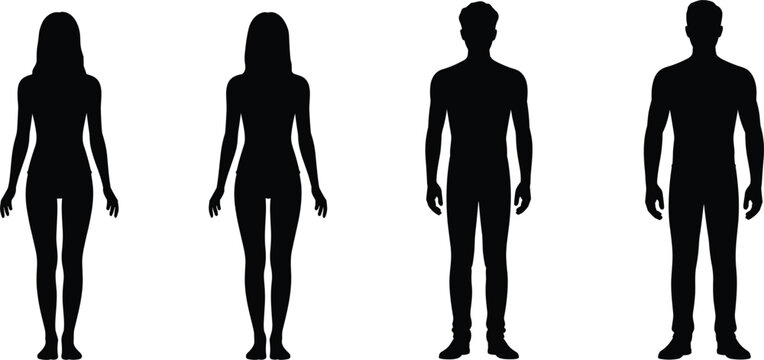 Four black silhouettes of two women and two men standing in a row, front view, isolated on a white background, representing diverse human body types and genders