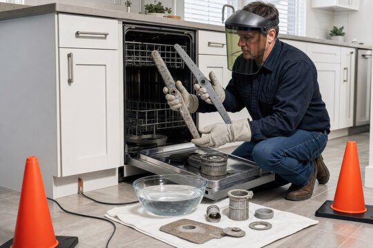 Technician in safety gear inspecting dishwasher spray arm