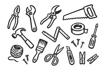 Fototapeta na wymiar Home Repair Tools Hand Drawn Set Vector Illustration