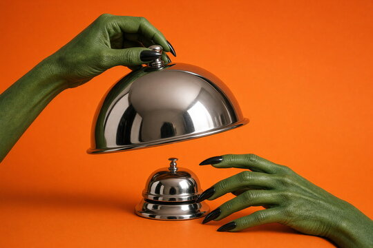 Surreal green monster hands with long black claws interacting with polished silver service bells against a vivid orange background.