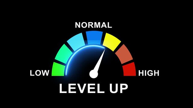 Dynamic level up speedometer gauge animation with glowing neon indicator moving from low through normal to performance metrics and success progress concept on isolated black background