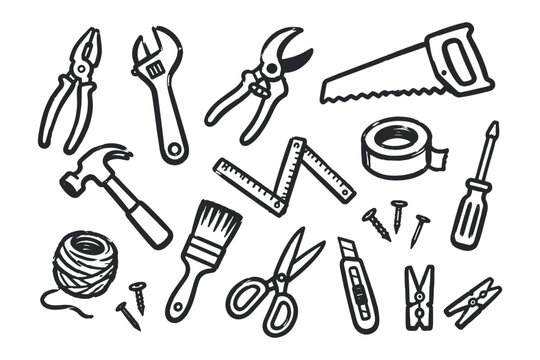 Home Repair Tools Hand Drawn Set Vector Illustration