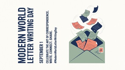 Obraz premium Modern World Letter Writing Day banner, flat illustration of open envelope with flying letters, postal mail concept for September 1