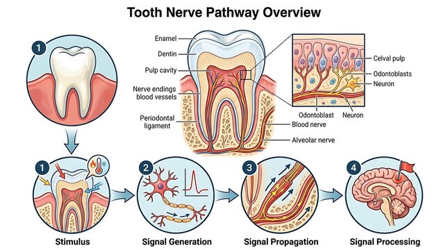 Dental infographic showing tooth nerve anatomy and signal pathway