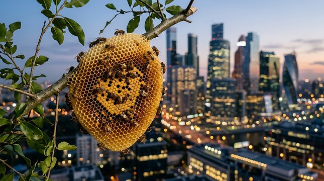 Beehive honeycomb on tree branch with city skyline background