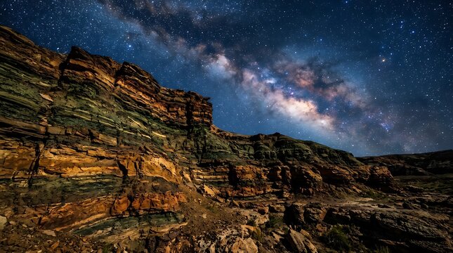 Milky way galaxy over layered canyon cliffs at night