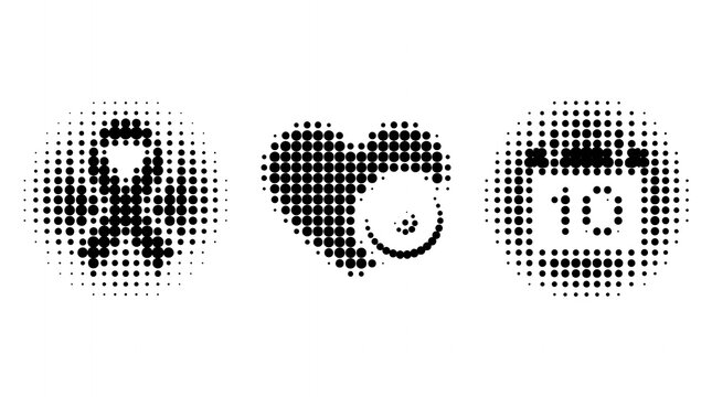 Halftone awareness ribbons heart and calendar icons set featuring medical solidarity symbols for healthcare campaigns.