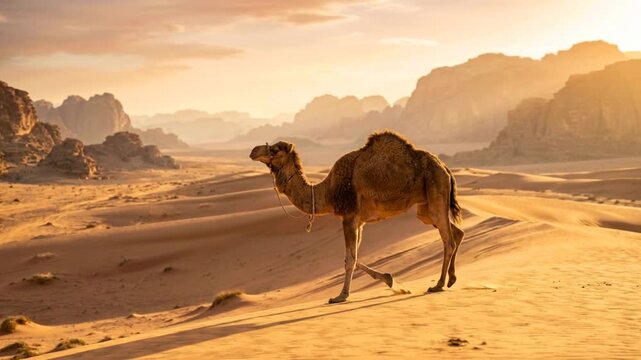 camel walking in sahara desert morocco close up golden light video