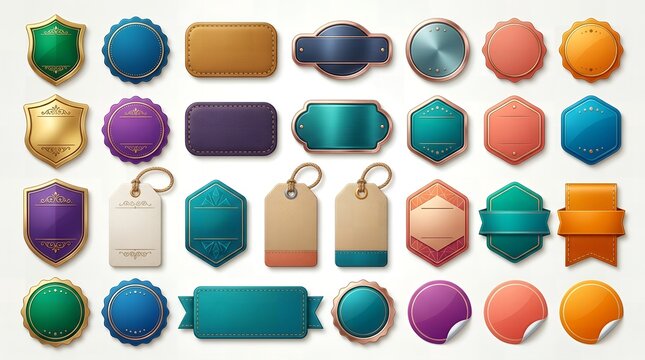 Assorted vintage style heraldic shields and elegant blank labels for product branding and tags.