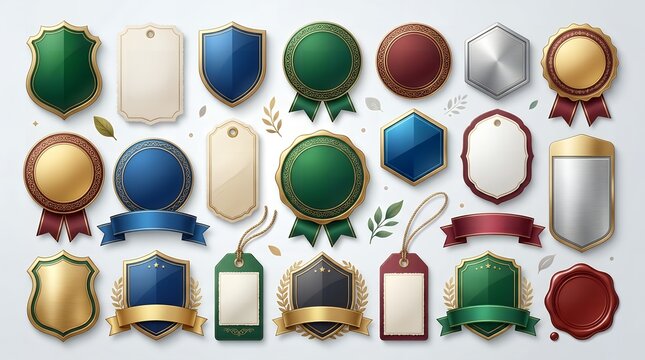 Set of elegant shields badges and premium tags with metallic textures for branding design projects.