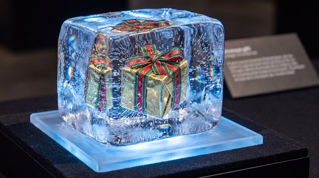 A gold wrapped gift box frozen inside a transparent cube of clear ice on display with ribbon encased within within solid block small golden gift red green ribbon celebration decoration container