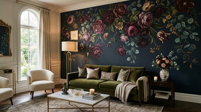 Elegant Living Room with Floral Mural and Green Velvet Sofa