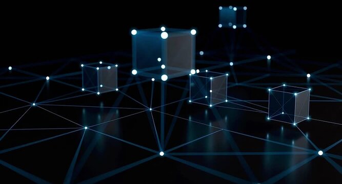 Futuristic network connection showing distributed ledger technology with data blocks connected by a digital grid representing the concept of blockchain, cryptocurrency, and secure data transfer