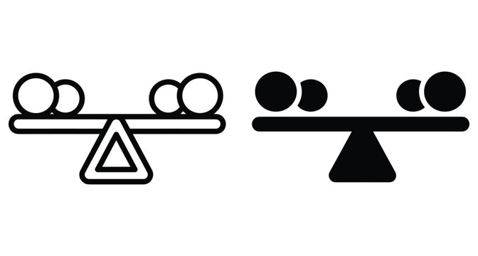 Seesaw balance scale icon set showing perfect equilibrium with circles on a lever arm for business stability and financial equality